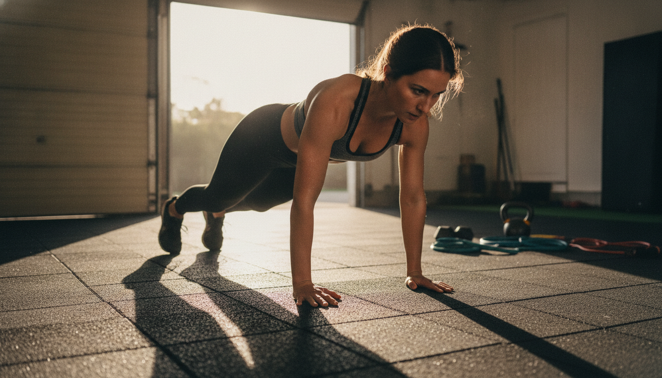 Athlete at the bottom of a burpee on a rubber gym floor in a sunlit garage gym, kettlebell and resistance bands nearby
