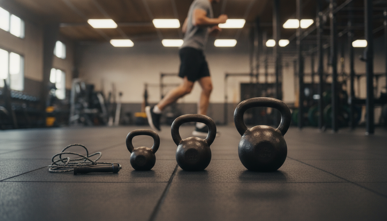 Three kettlebells of increasing size and a coiled jump rope on a rubber gym floor, with a person in a grey t-shirt jogging past in the background