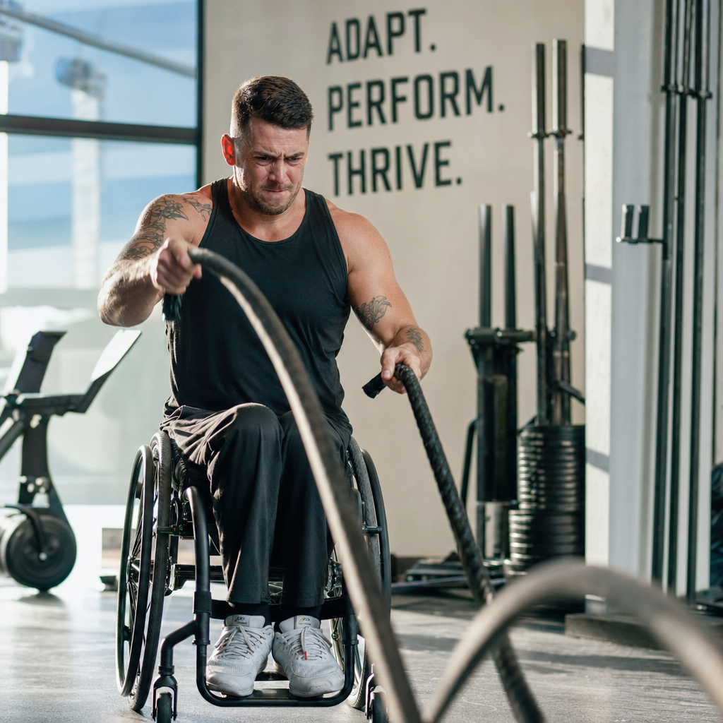 Wheelchair athlete performing intense seated upper body intervals with battle ropes