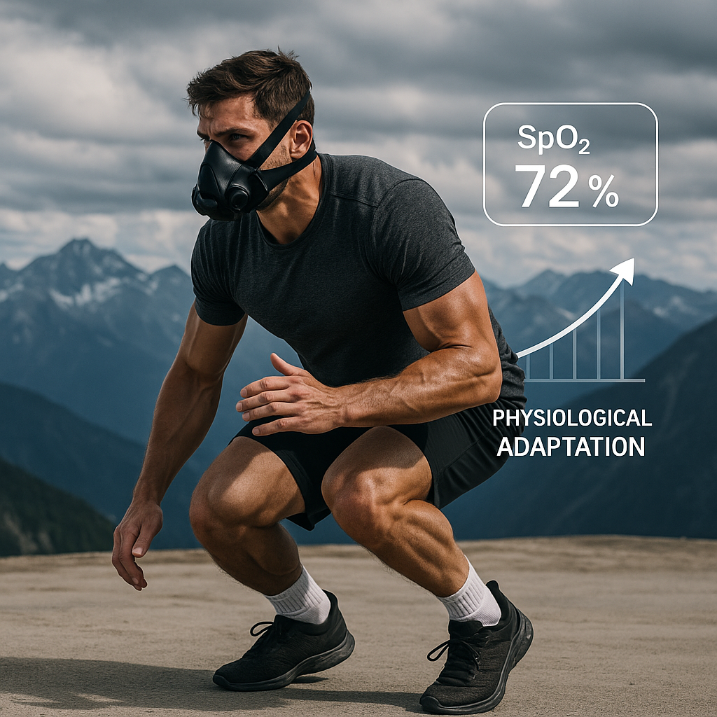 Athlete performing HIIT with breath restriction equipment against backdrop suggesting altitude training, with visual elements showing oxygen saturation and physiological adaptation