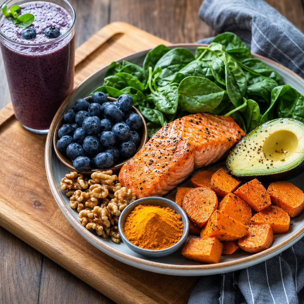 Plate of anti-inflammatory foods including salmon, berries, leafy greens, and turmeric