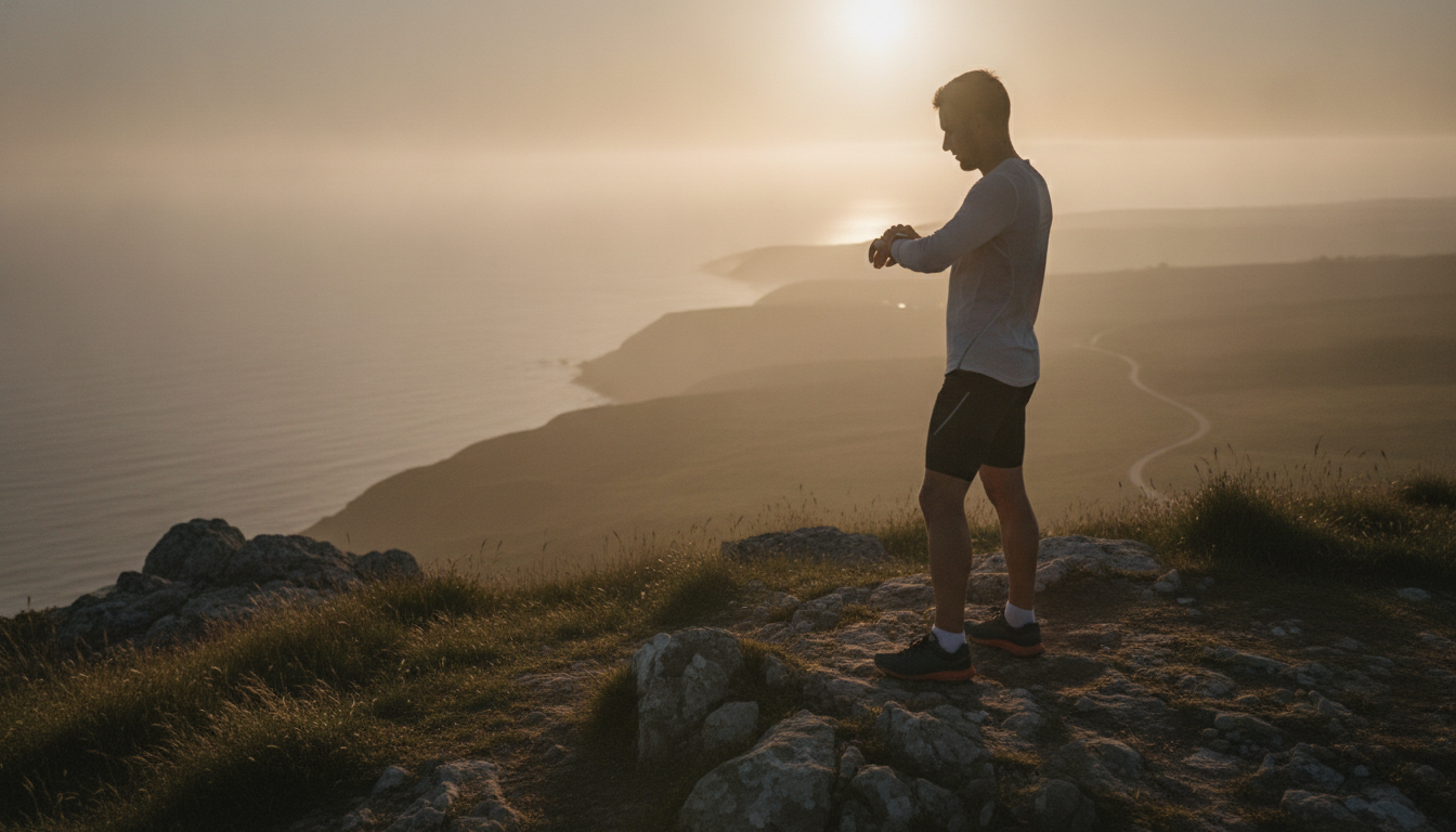 A runner pausing at the top of a coastal path at dawn, checking their wrist, with sea haze behind them and no phone in sight
