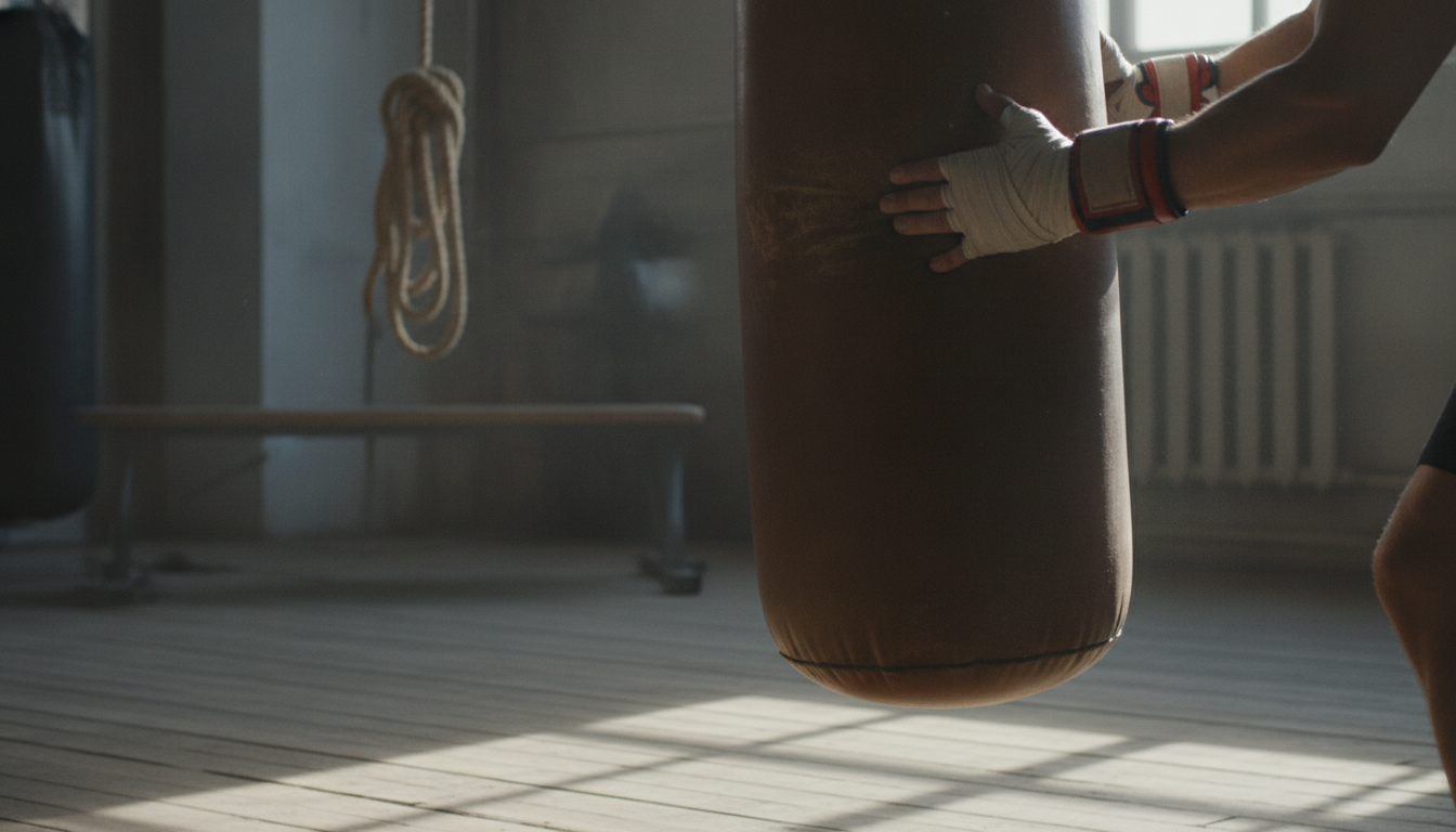 Hands in white wraps resting on a brown heavy bag in a sunlit boxing gym with a coiled rope and a bench in the background
