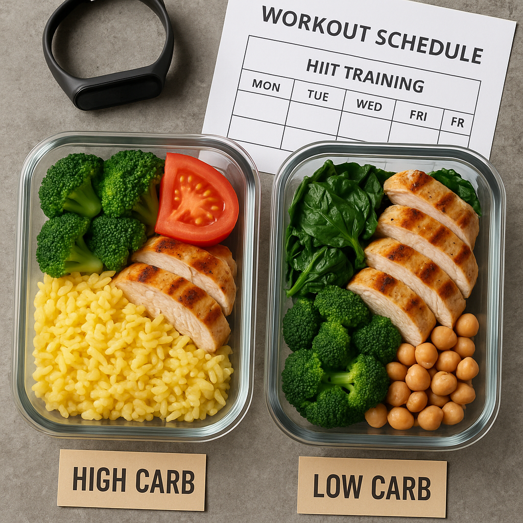 Healthy meal preparation showing high and low carb food options side by side with a fitness tracker and workout schedule visible