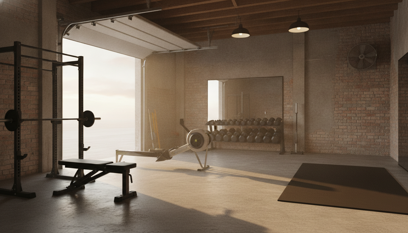An empty garage gym with a bench, a rowing machine, a dumbbell rack and a floor mat set out as stations, afternoon light coming through the open door
