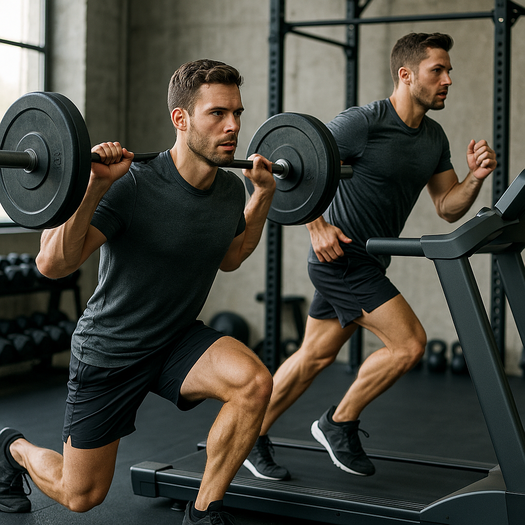 Athlete alternating between sprint intervals and weightlifting exercises during a concurrent training session