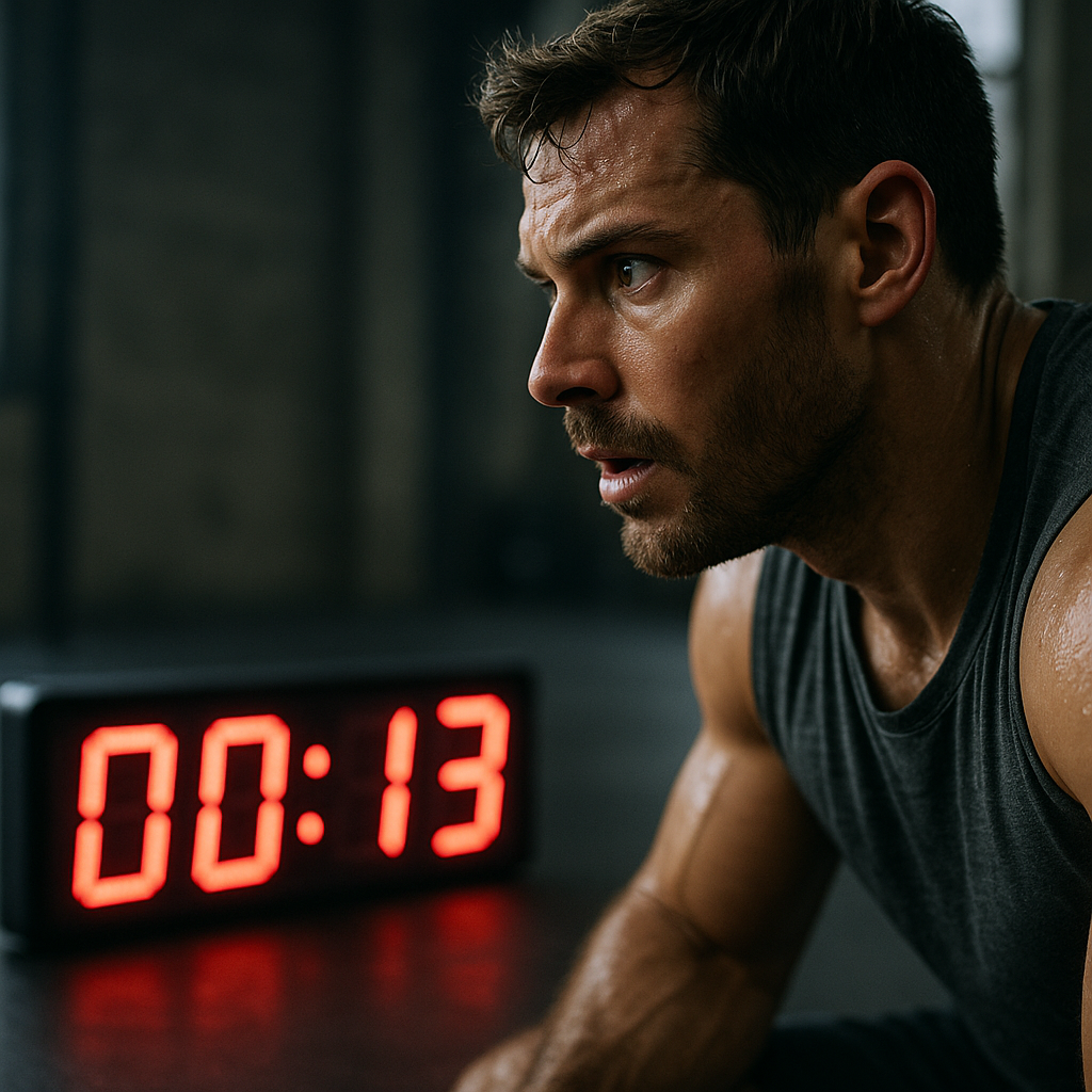 Person intently watching a digital countdown timer during a high-intensity workout, focusing with anticipation
