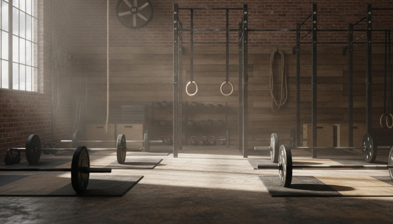An empty CrossFit box with loaded barbells on rubber mats, gymnastics rings hanging from a rig and morning light coming through a tall window