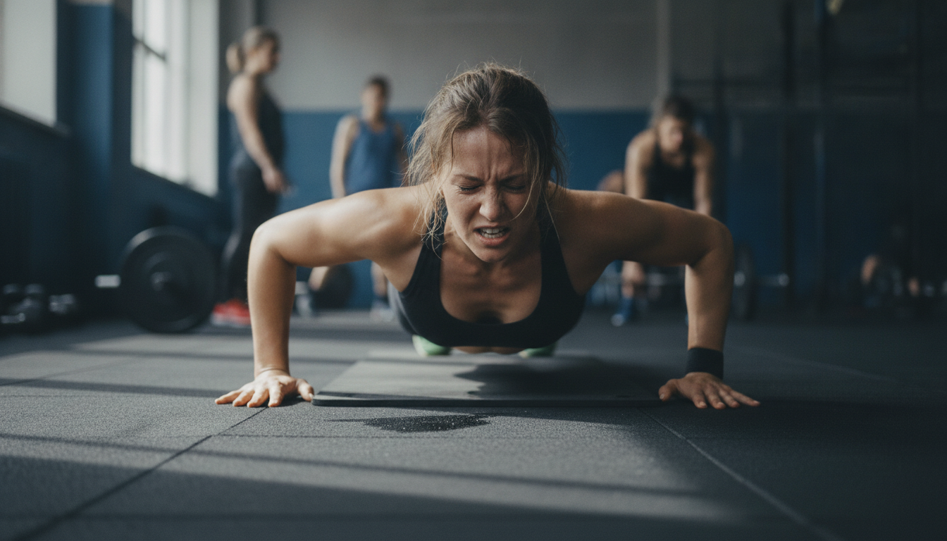 Exhausted woman at the bottom of a burpee on a gym floor, chest just above a mat with sweat on the floor beside her, other athletes blurred in the background