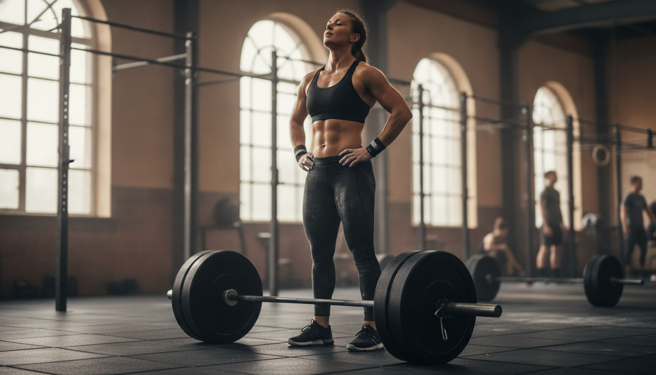 Woman in a CrossFit gym standing hands on hips behind a loaded barbell with plain black bumper plates, catching her breath, pull-up rig and arched windows behind her