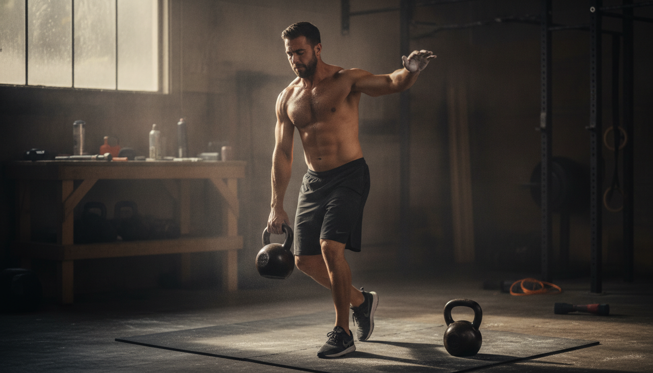 Shirtless athlete in a dim garage gym stepping back after setting down a kettlebell, chalk on his hand, a second kettlebell on the mat