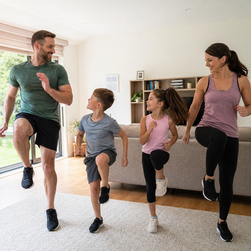 Family doing playful high-intensity interval training together at home