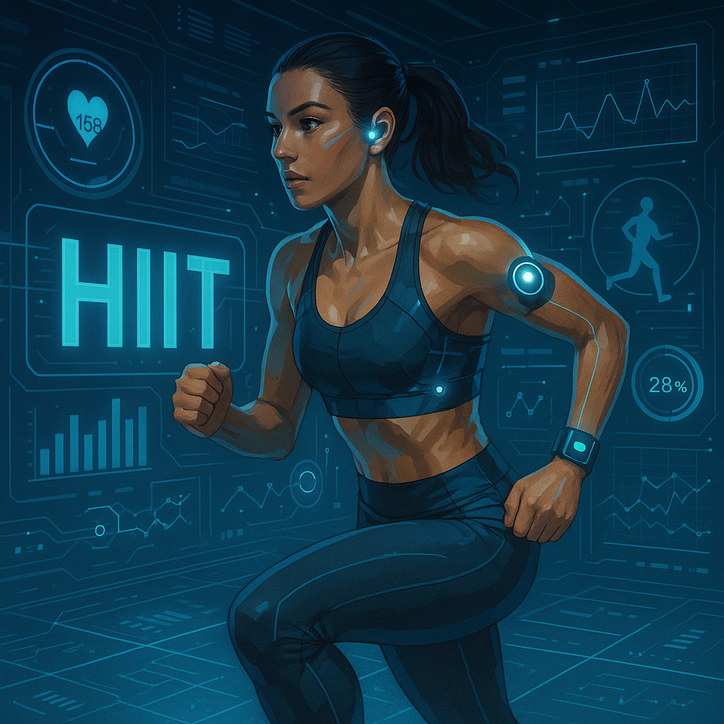 Futuristic visualization of high-intensity interval training with advanced technology, wearable devices, and data metrics showing the future of HIIT with scientific and technological elements