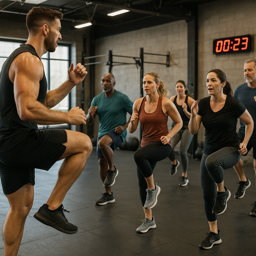 Fitness instructor leading a group HIIT workout class in a gym with participants following along and a timer display visible