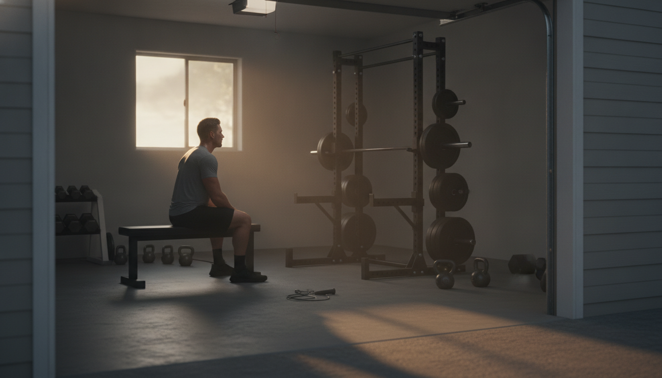 A garage gym at sunrise with a squat rack and kettlebells, one person resting on a flat bench looking across the room at the far wall