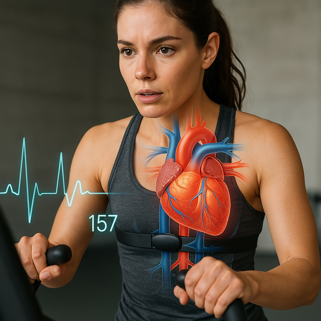 Person wearing heart rate monitor during exercise showing healthy cardiovascular activity with medical illustration overlay