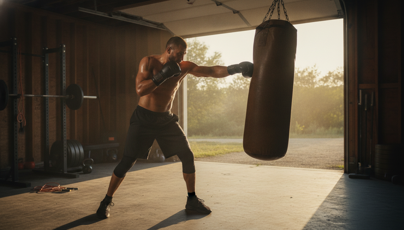 Man in a garage gym throwing a jab at a hanging heavy bag in boxing gloves, open garage door and warm low sunlight behind him, barbell rack to the side
