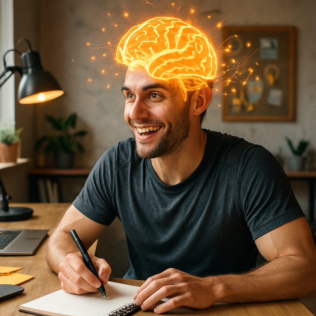 Creative professional experiencing enhanced mental clarity and cognitive benefits after a HIIT session, with visual elements representing increased brain activity and creative thinking