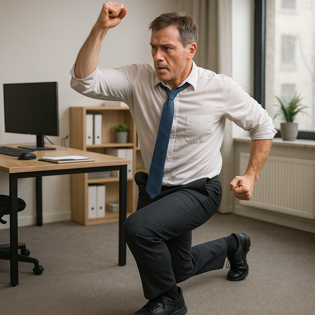 Office worker performing a high-intensity workout after a day of sitting, demonstrating exercises that counteract desk-related physical issues