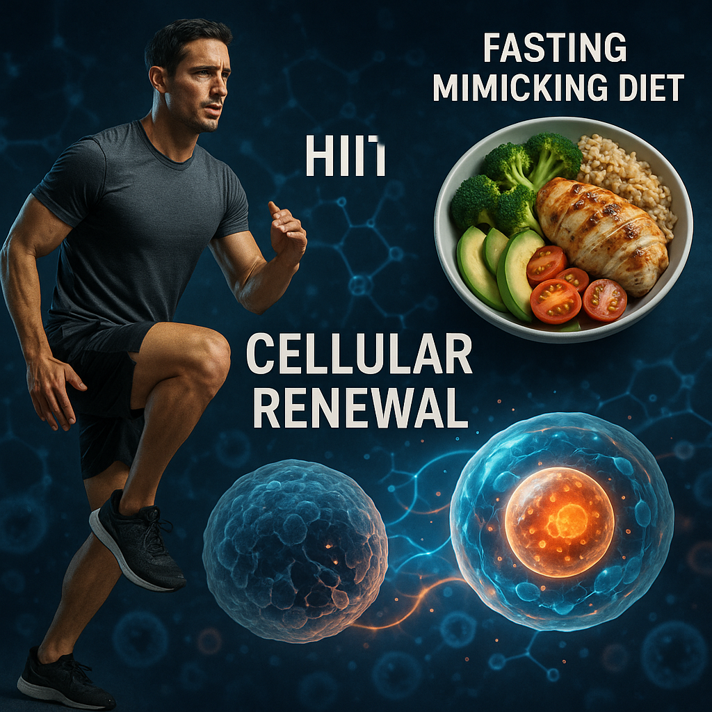 Visual representation of cellular renewal showing HIIT and fasting mimicking diet effects with scientific imagery of cellular regeneration and metabolic pathway activation