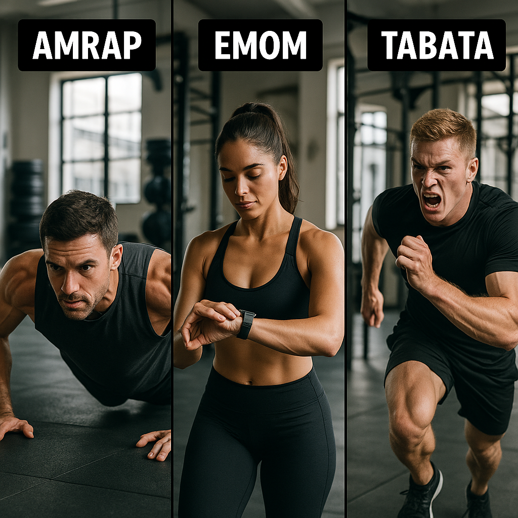 Three athletes performing different HIIT workout formats - AMRAP, EMOM, and Tabata - with visible timers