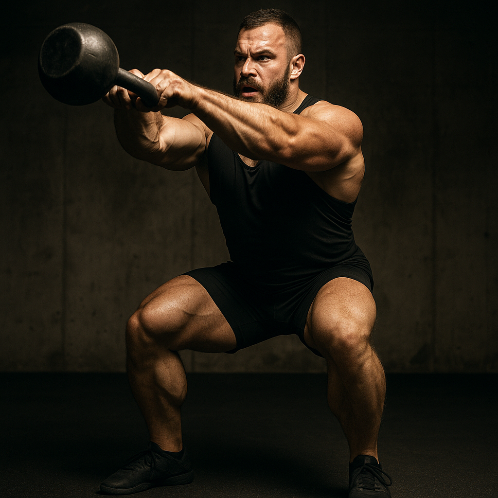 Powerlifter performing HIIT conditioning workout with kettlebell while maintaining muscular physique, with dramatic lighting highlighting muscular development