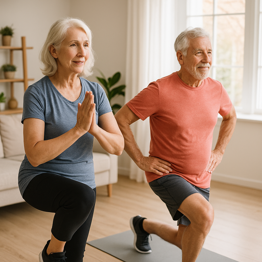 Active senior adult performing modified HIIT exercises