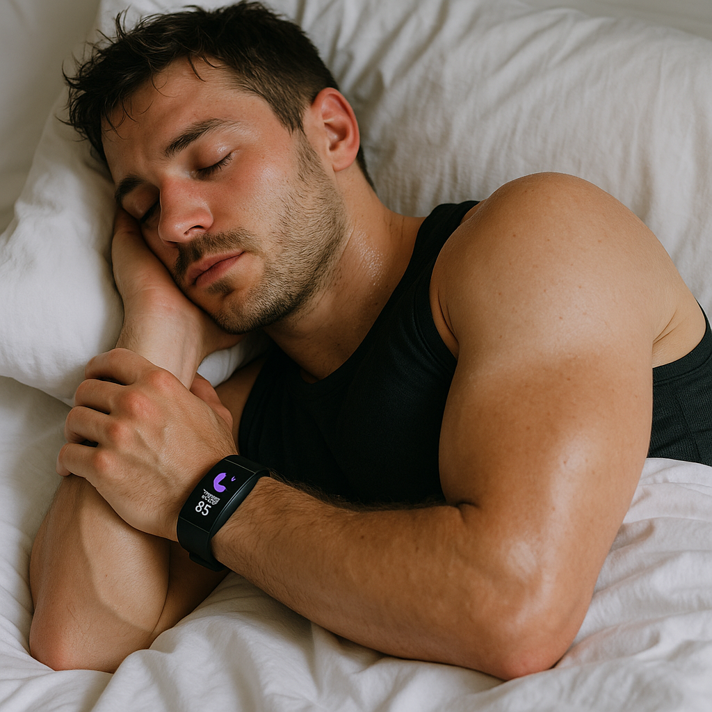 Person peacefully sleeping in bed after an intense HIIT workout session with a fitness tracker monitoring sleep quality