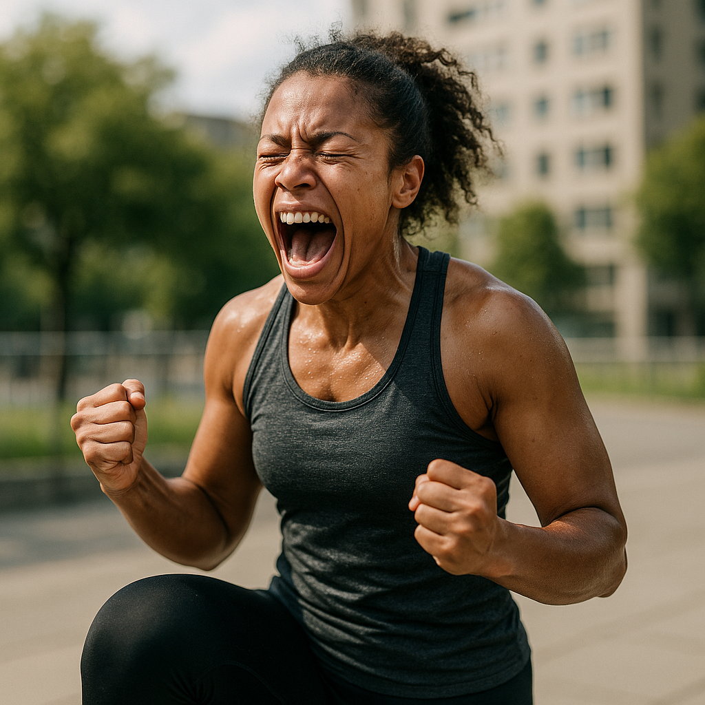 Person experiencing visible emotional release and stress relief while performing high-intensity exercise outdoors with natural lighting and urban background