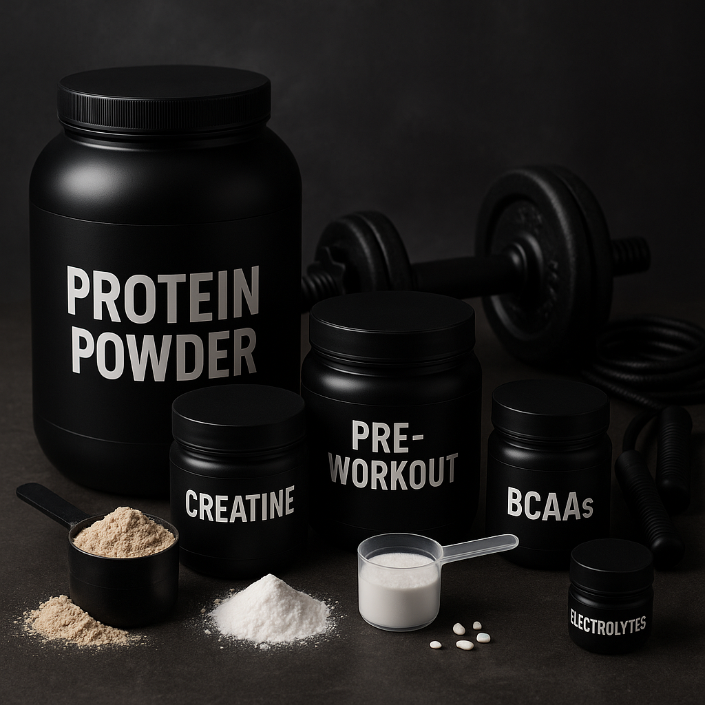 Assortment of fitness supplements including protein powder, creatine, pre-workout, BCAAs, and electrolytes arranged next to workout equipment