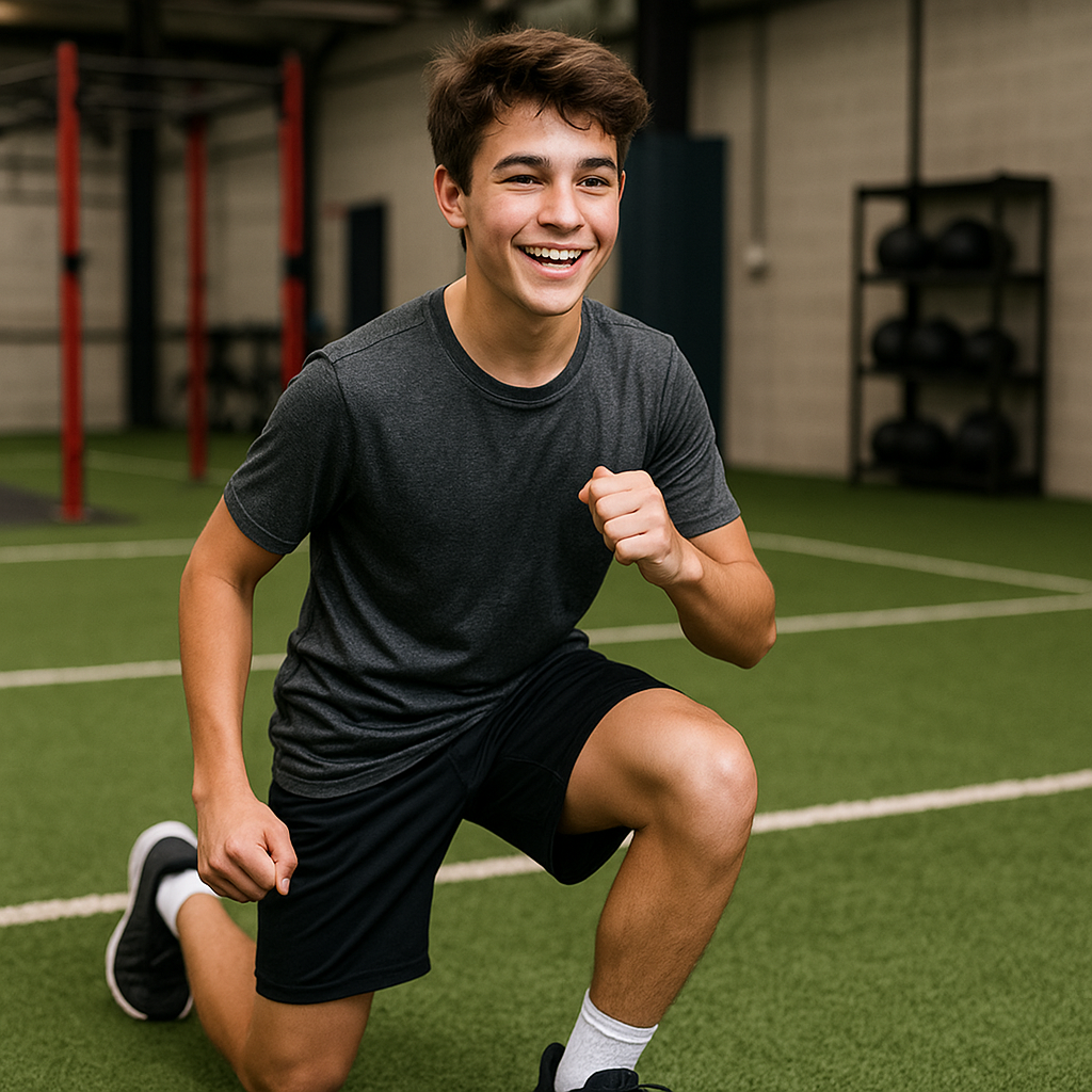 Teenage athlete smiling while performing age-appropriate HIIT exercises in a youth sports training facility, showing proper form and enthusiasm for fitness