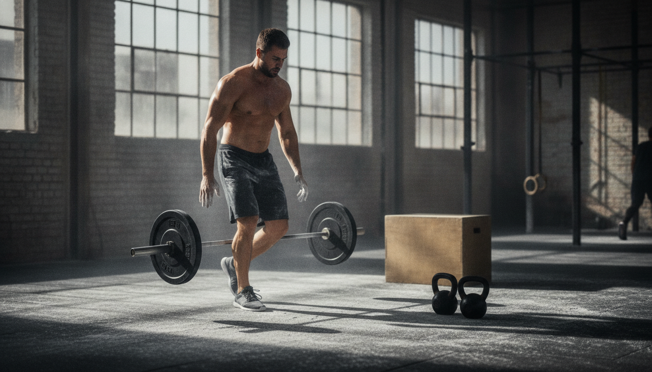 A shirtless athlete with chalked hands stepping away from a loaded barbell toward two kettlebells and a wooden plyo box in a sunlit gym