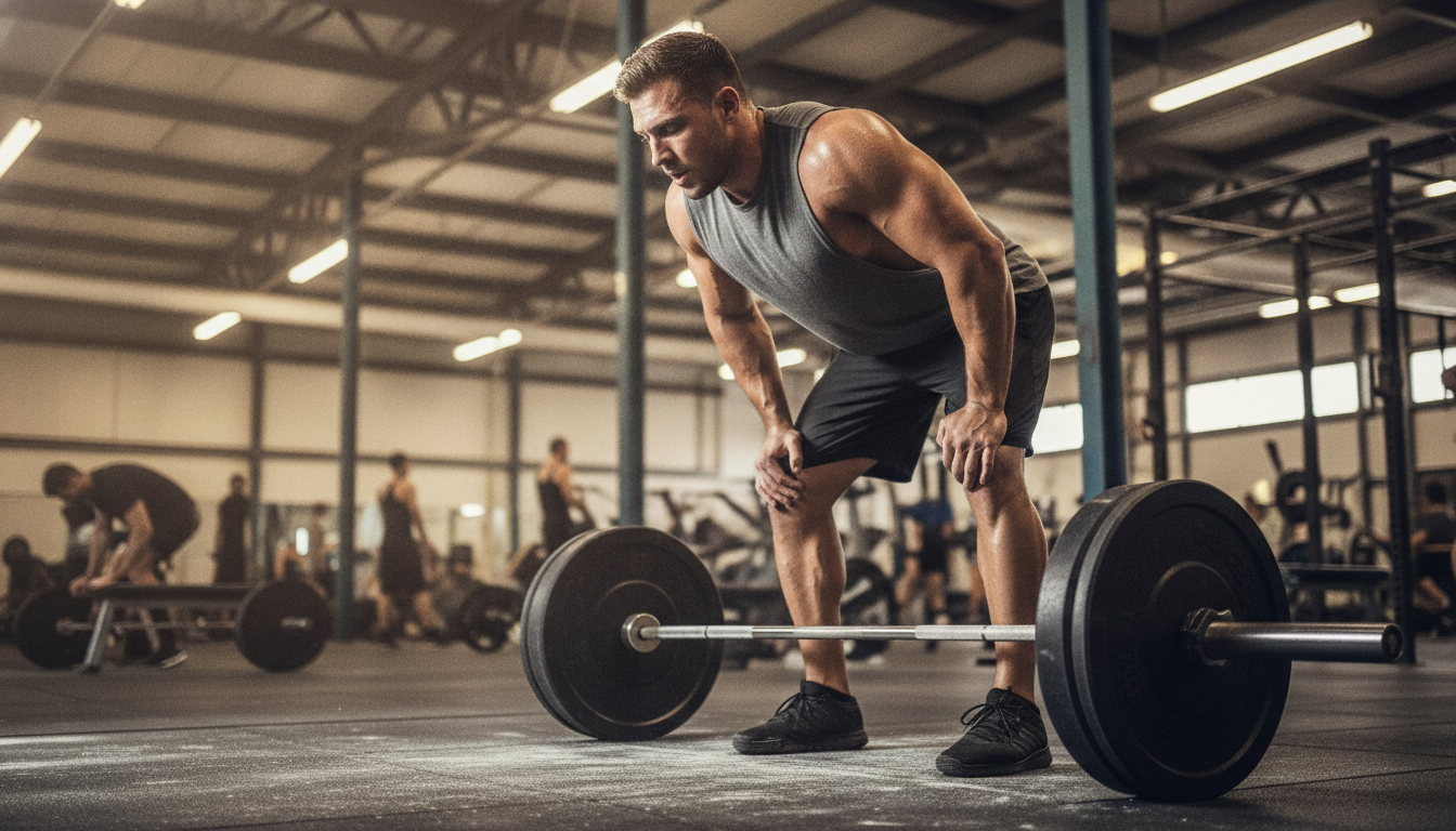 A lifter resting hands on knees beside a loaded barbell on a chalky gym floor between efforts