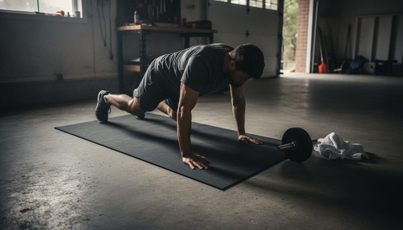 Person holding a mountain-climber position on a mat in a garage gym, dumbbell and towel beside them