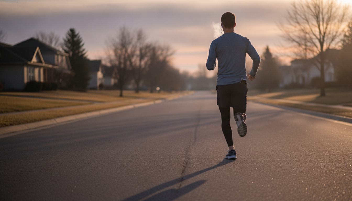Runner seen from behind on an empty suburban road at dawn, earbuds in, breath visible in the cold air, long shadow on the tarmac