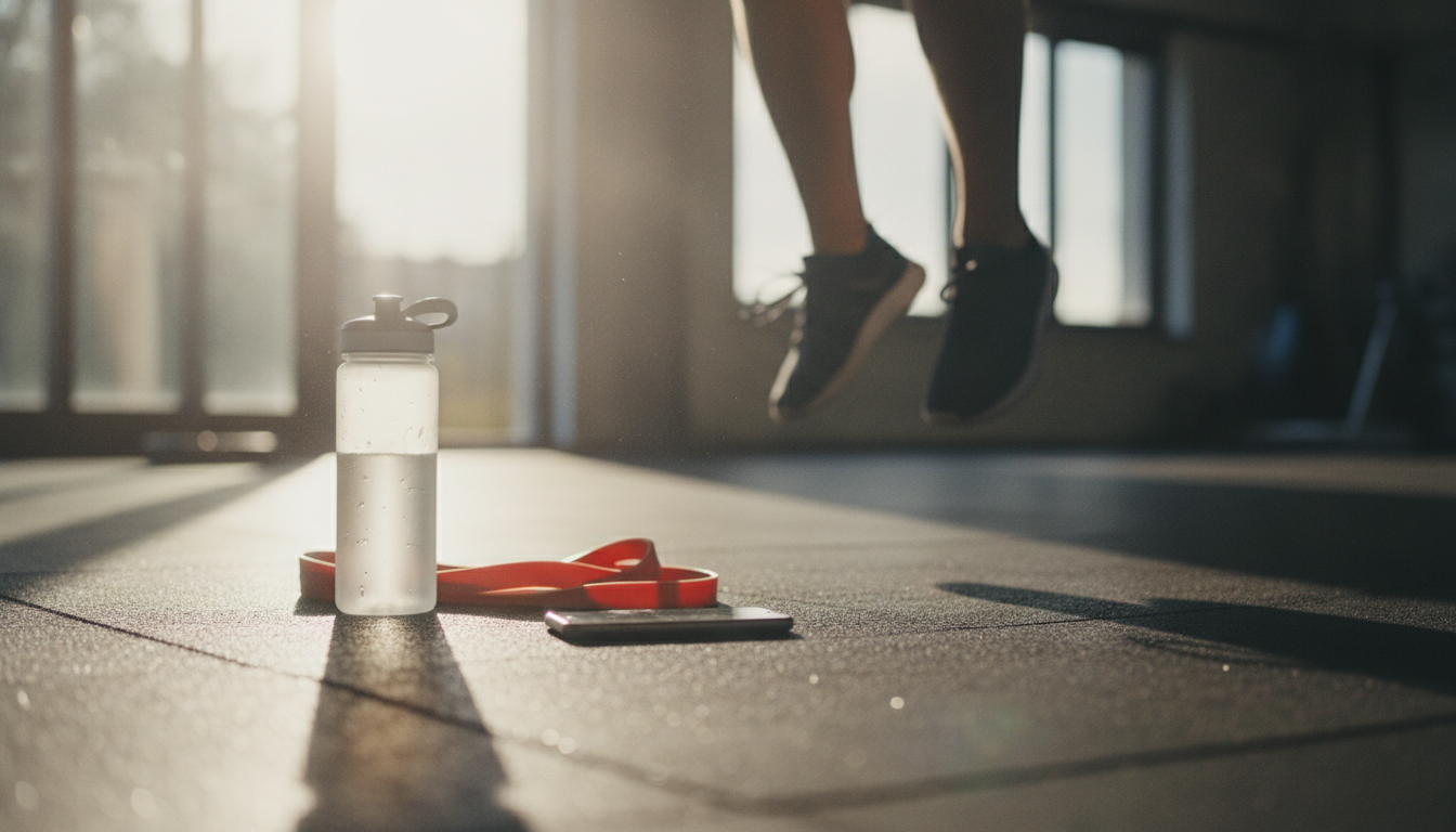 Water bottle, red resistance band and a phone lying on a rubber gym floor in warm window light, with a person's trainers mid-jump behind them