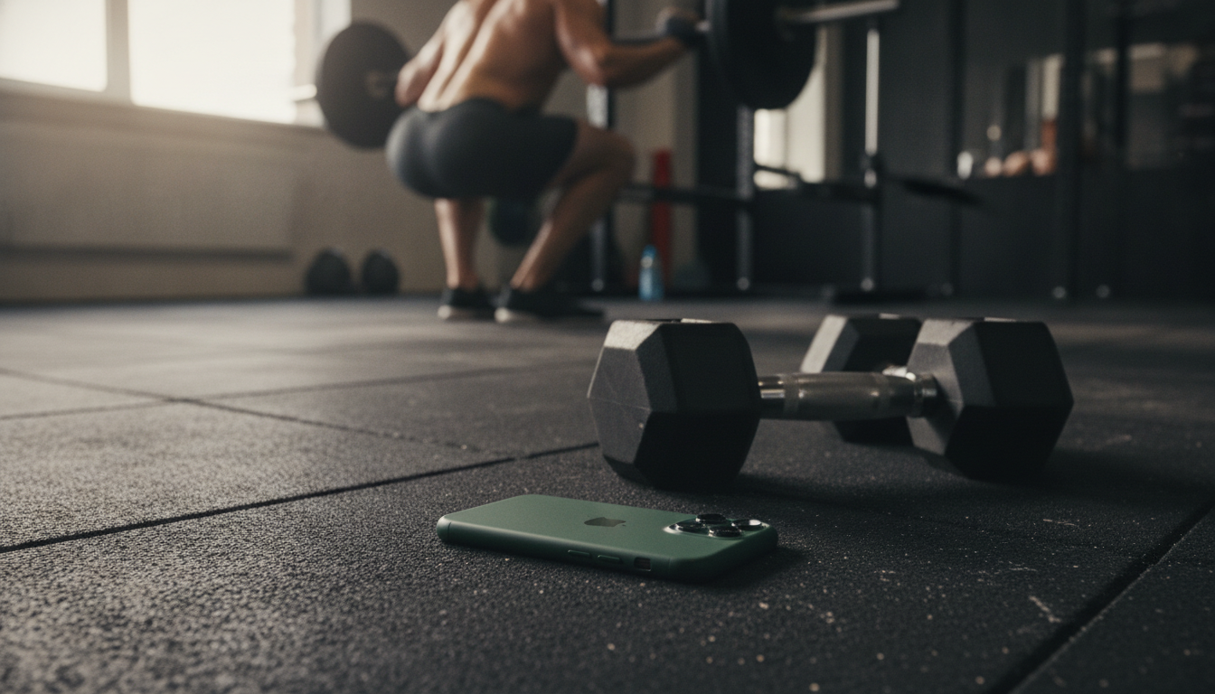 A green iPhone lying face-down on a rubber gym floor beside a hex dumbbell, with a person squatting a barbell in soft window light behind it