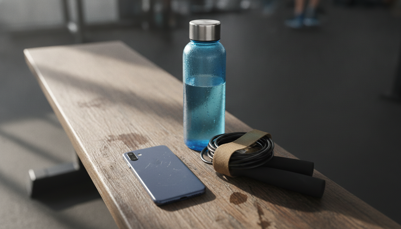 A phone lying face down on a worn wooden gym bench beside a blue water bottle and a coiled skipping rope in soft window light