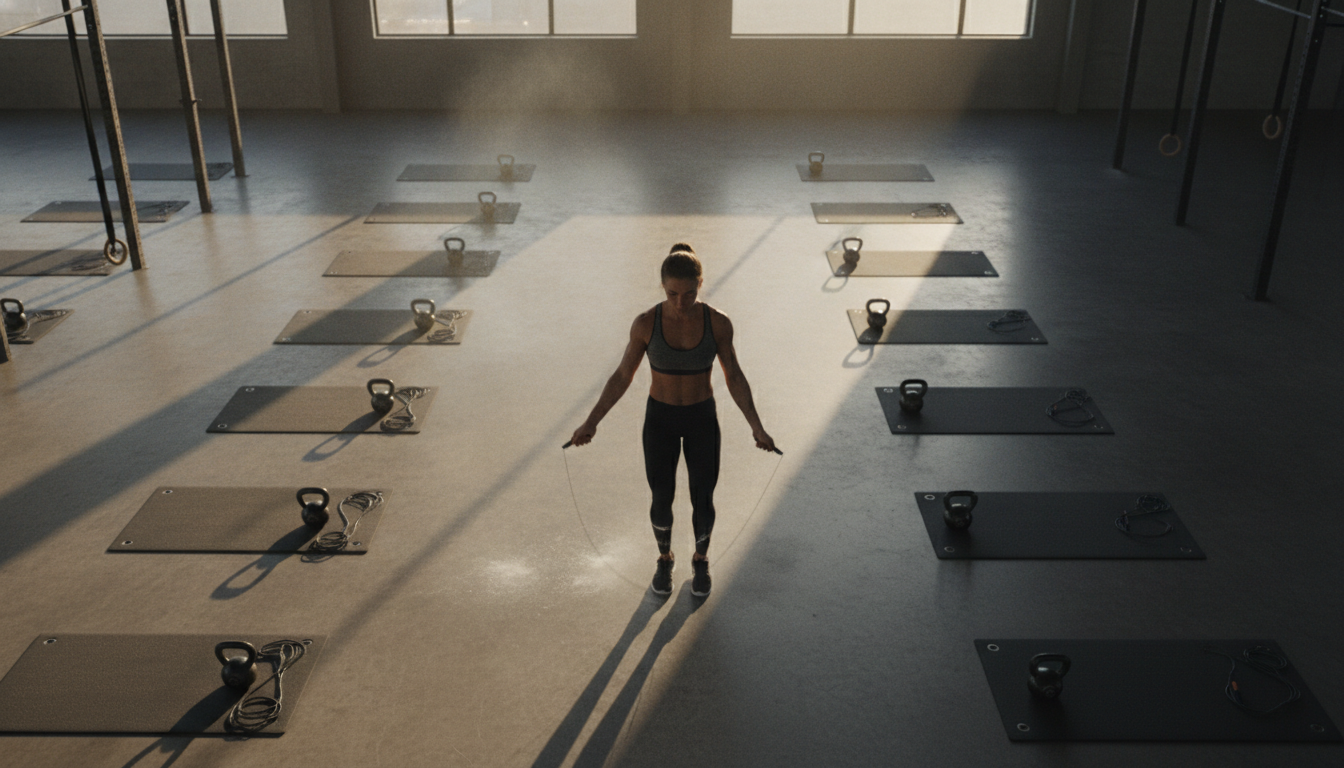 Overhead view of a gym floor with repeating stations of mat, kettlebell and jump rope, an athlete skipping in the aisle between them