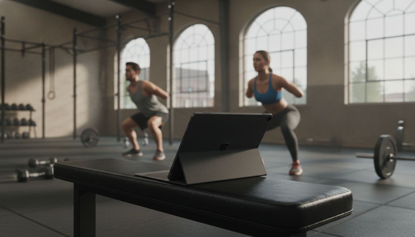 An iPad propped on a weight bench in a gym while two people do squats in the background