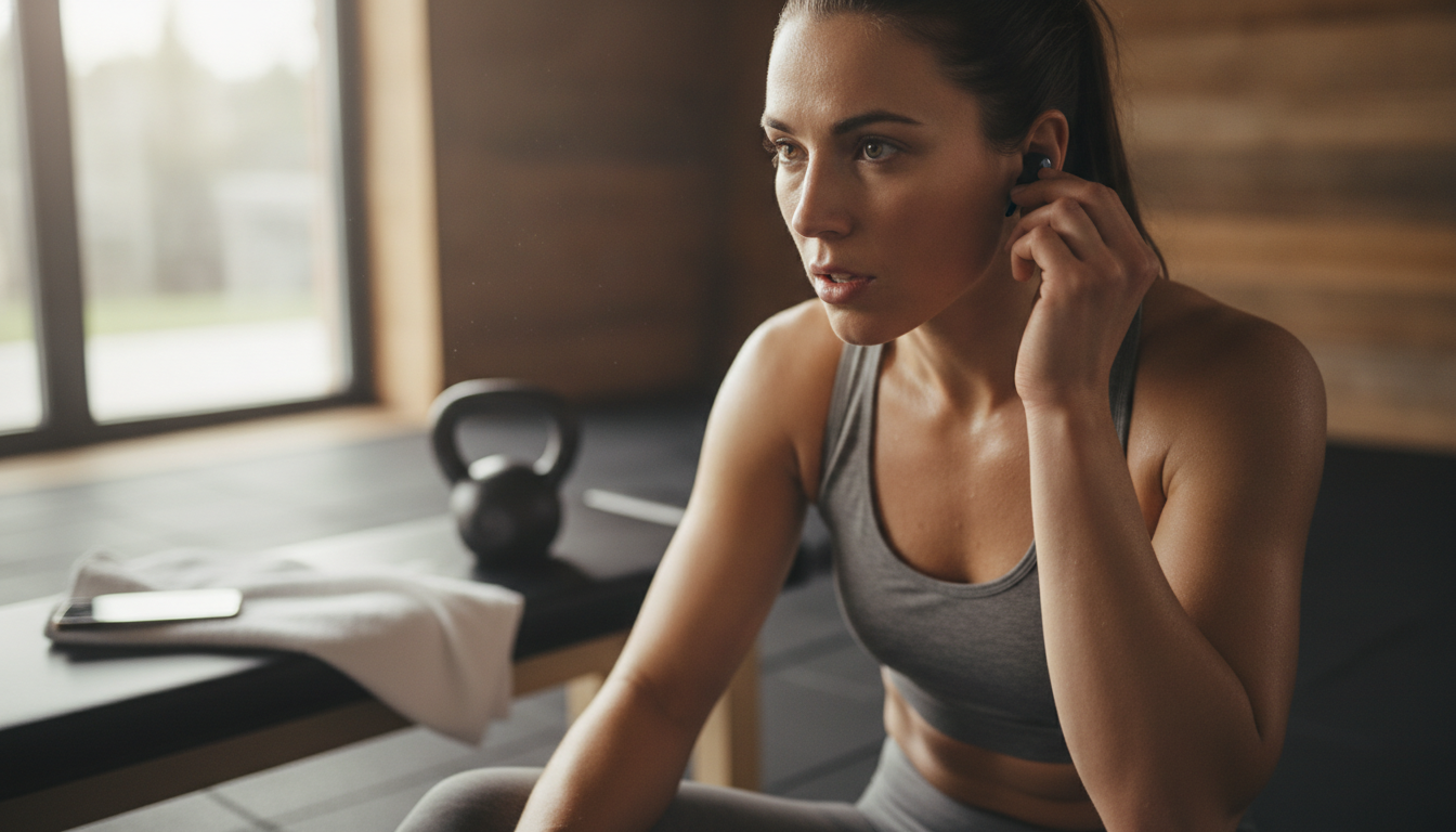 Athlete in a home gym adjusting a wireless earbud between intervals, breathing hard, with a kettlebell and towel behind them