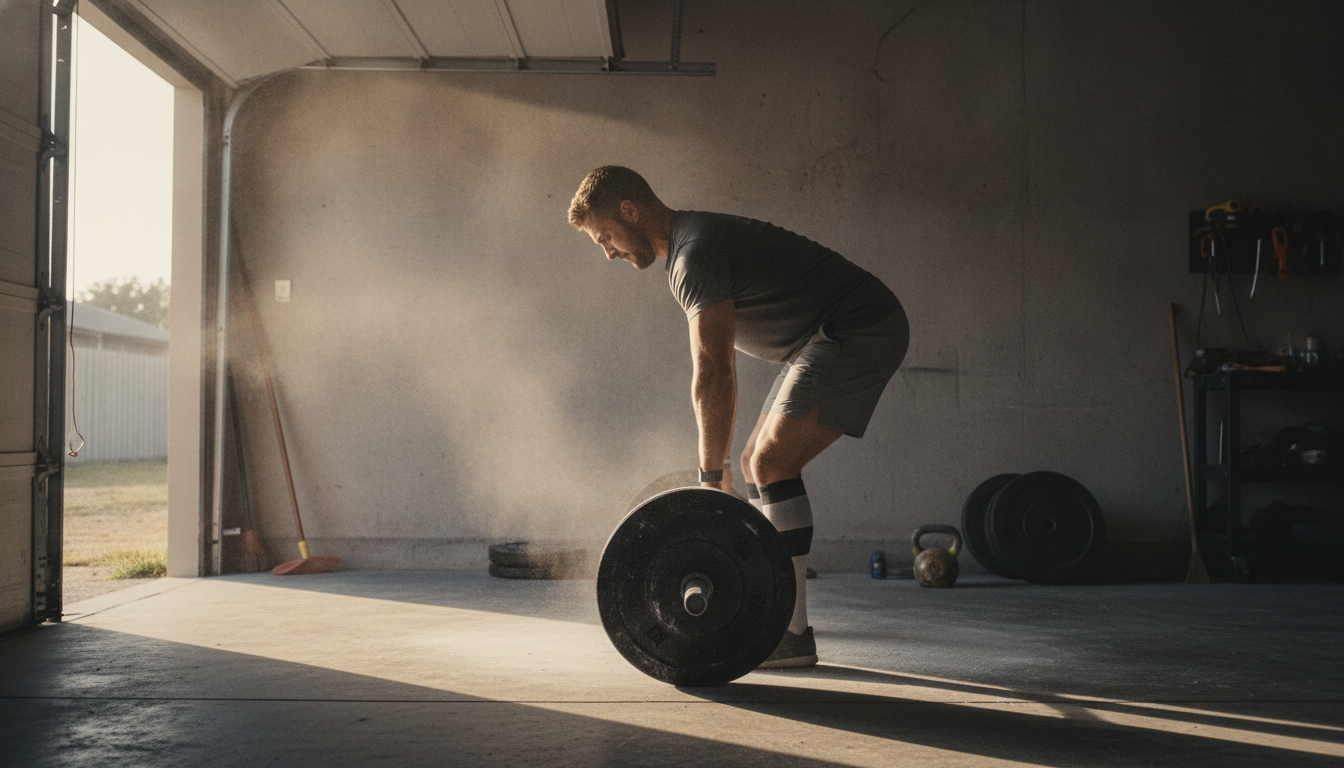 A lifter in a home garage gym setting a loaded barbell down after a set of deadlifts, chalk dust hanging in warm evening light from the open door