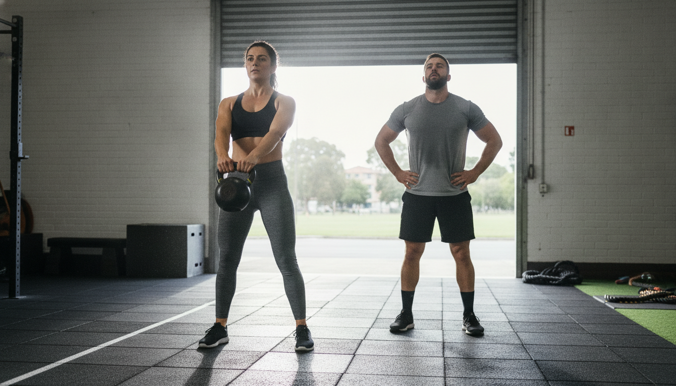 Two athletes in a box gym, one mid kettlebell swing and one standing with hands on hips recovering, open roller door behind them