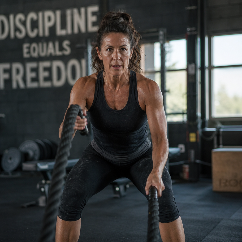 Fit middle-aged person performing intense interval training after years of consistent practice