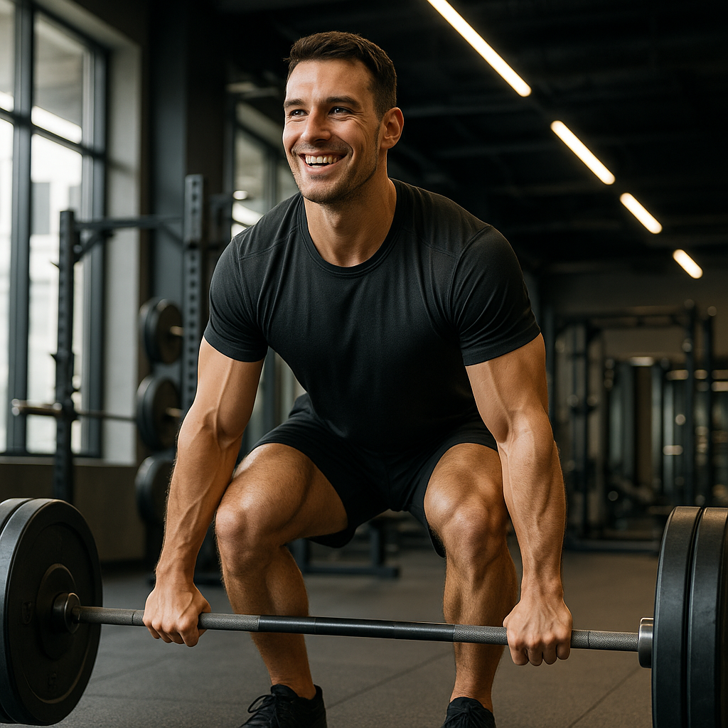 Athletic man smiling while performing deadlift exercises with perfect form in a modern gym, showing strength and determination