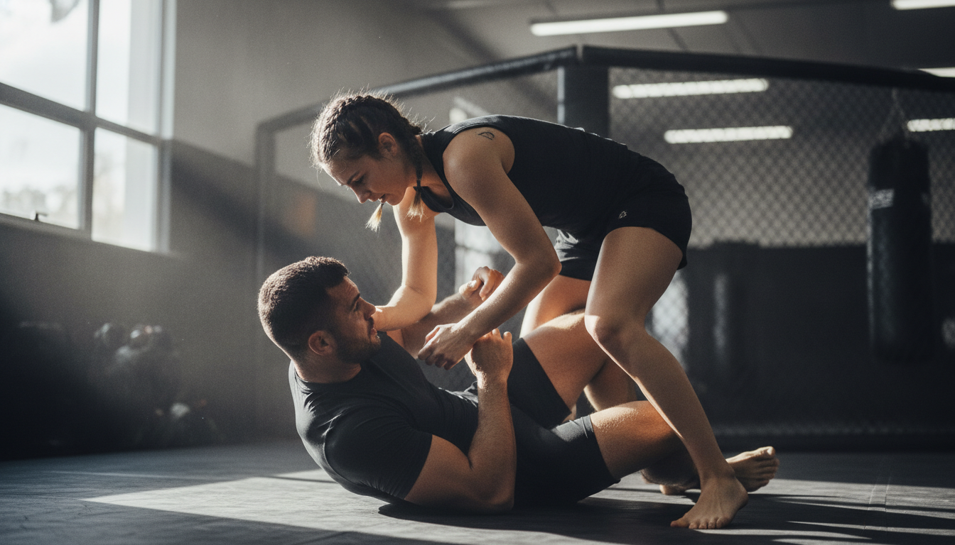 Two athletes training on a dark mat in a martial arts gym, one on their back playing guard and gripping the other's arms, with cage fencing and a heavy bag blurred behind