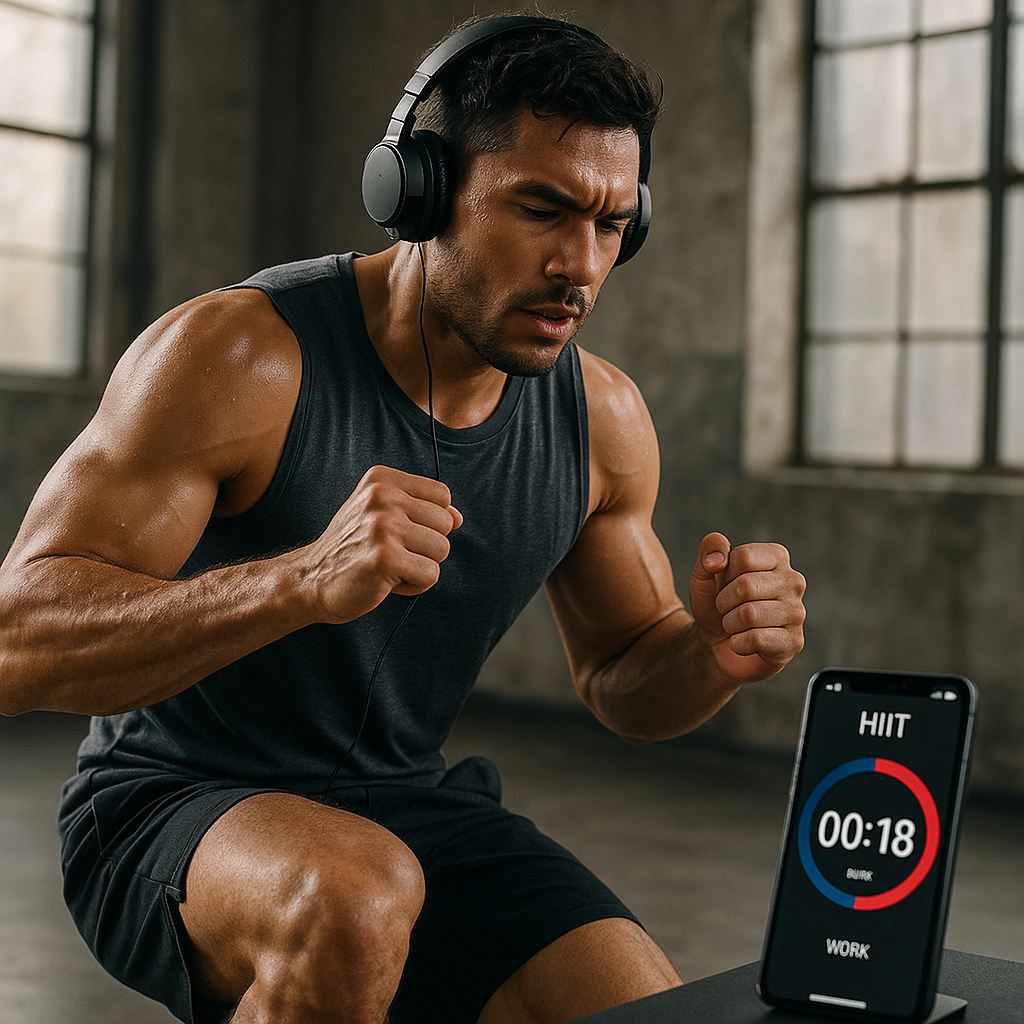 Person working out intensely with headphones while following a HIIT timer, focused on the rhythm of music during interval training