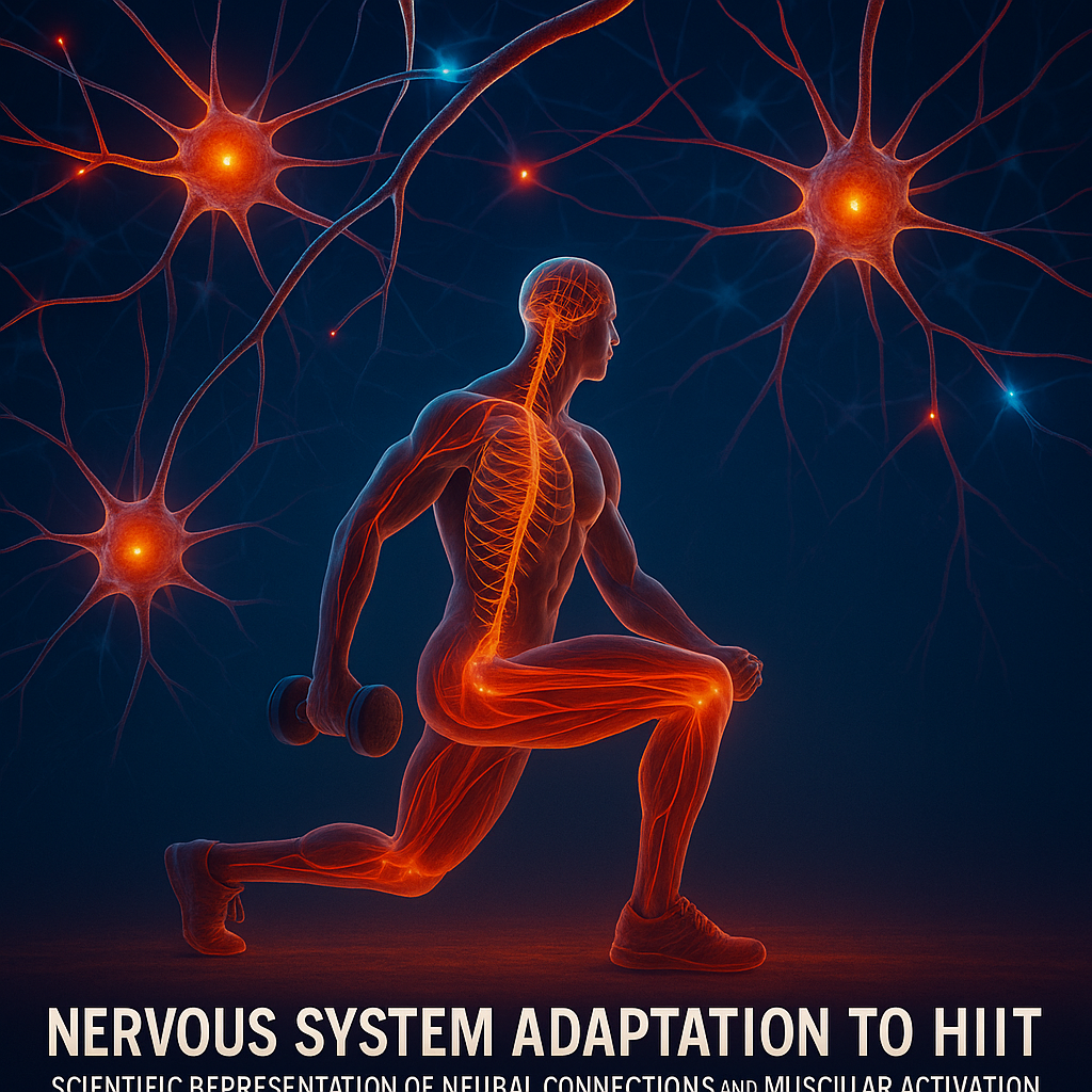 Visualization of neurons firing during high-intensity exercise, showing the nervous system adaptation to HIIT with scientific representation of neural connections and muscular activation