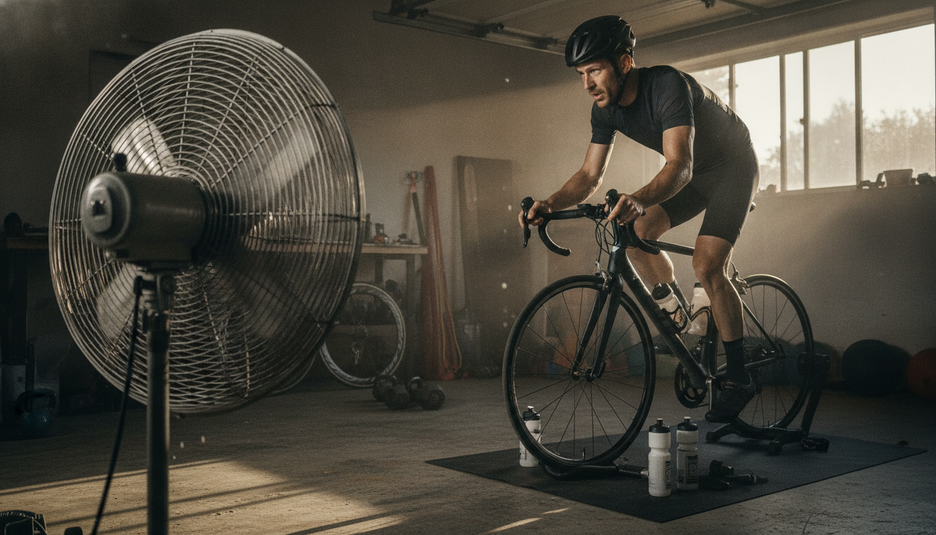 Cyclist on an indoor trainer in a garage at a hard sustained effort with a floor fan angled at them