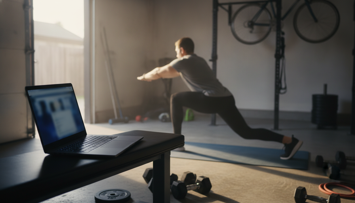 A laptop open on a black weight bench in a garage gym, with a person in a grey t-shirt doing a lunge stretch on a blue mat behind it in warm morning light
